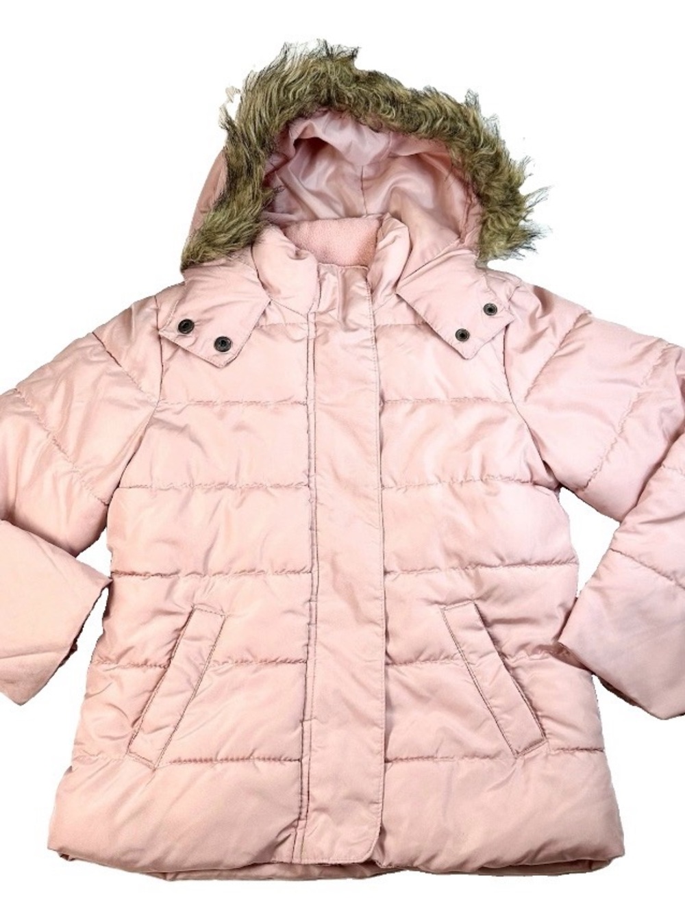 GAP Kids Girls Pink Hooded Puffer Jacket Faux Fur Size M